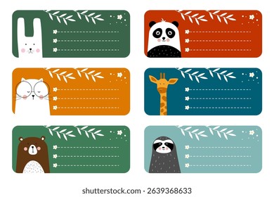 Name tag set, school stickers for kids with with a cute animal and flowers and place for text. Notebook Labels