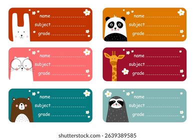 Name tag set, school stickers for kids with with a cute animal place for text. Notebook Labels