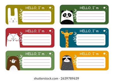 Name tag set, school stickers for kids with cute animal - panda, bear, sloth, giraffe, cat, hare. Notebook Labels