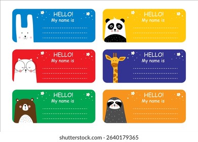 Name tag set, school stickers for kids with cute animal and place for text. Notebook Labels. children's education.