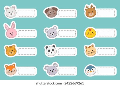 Name tags for kids. Name cards, labels, stickers for kids, toddlers, baby. Kids clothes stickers, lunchbox tag with cute animals. Animals shaped notepads, memo pad, flag markers for school stationery.