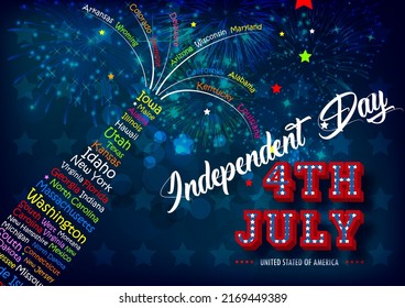 The name of U.S.A city in a champagne bottle shape with the day and name of event on colorful firework and dark blue background. Card and poster of the U.S.A independent day in vector design.