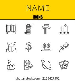 name vector line icons set. room divider, scroll and column Icons. Thin line design. Modern outline graphic elements, simple stroke symbols stock illustration