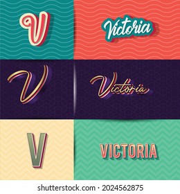 name Victoria in various Retro graphic design elements, set of vector Retro Typography graphic design illustration