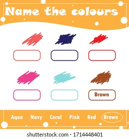 Name and write the colors names, material for kindergarten, pre-school, nursery school, pre-primary school, play school, and primary school. Educational material for children. Study fun and effective