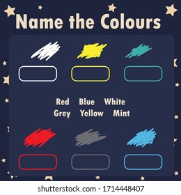 Name and write the colors names, material for kindergarten, pre-school, nursery school, pre-primary school, play school, and primary school. Educational material for children. Study fun and effective
