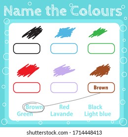 Name and write the colors names, material for kindergarten, pre-school, nursery school, pre-primary school, play school, and primary school. Educational material for children. Study fun and effective