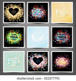 Name of yoga studio on a sunset background. Yoga class motto. Yoga sticker. Yoga exercises, recreation, healthy lifestyle. Poster for yoga class with a sea view. 