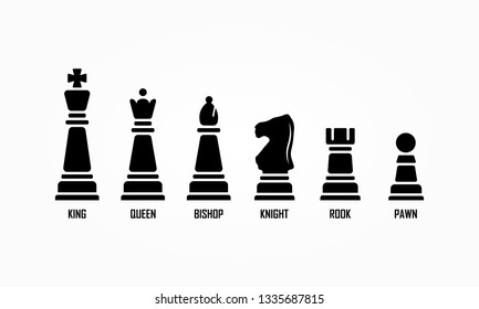 Named chess piece . Icons set of chess figures queen and king, illustration rook pawn and knight for chess.