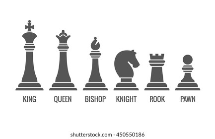 Named chess piece vector. Icons set of chess figures queen and king, illustration rook pawn and knight for chess