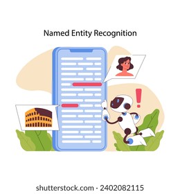 Concept de reconnaissance d'entité nommé. AI identifie les informations clés dans les données, ce qui améliore l'analyse de texte et la compréhension contextuelle. Identification intelligente et précise. Compréhension du langage. Image vectorielle à plat