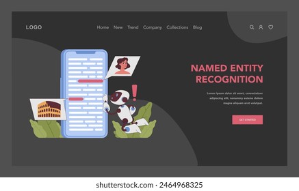 Concept de reconnaissance d'entité nommé. AI identifie les informations clés dans les données, ce qui améliore l'analyse de texte et la compréhension contextuelle. Identification  intelligente et précise. Compréhension du langage. Image vectorielle à plat
