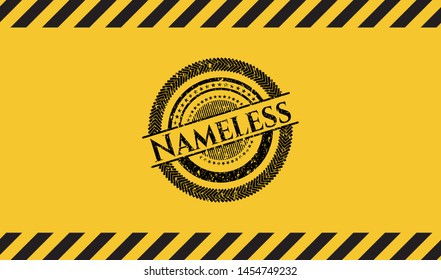 Nameless black grunge emblem inside yellow warning sign. Vector Illustration. Detailed.