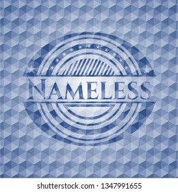 Nameless blue badge with geometric pattern background.