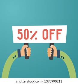 Nameplate banner in hands with 50 percent off text. Banner for business, marketing and advertising. Vector illustration.