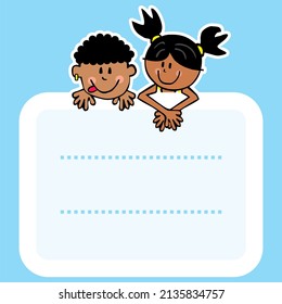 nameplate, boy and girl, african children, blue background, vector tag