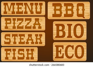Nameplate of wood with words Menu Grill Steak Pizza and BBQ. Vector Illustration isolated background