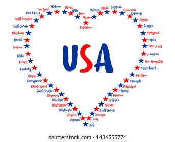 The names of all States in calligraphic script as heart shape for Independence Day.happy independence day usa. united state of america. independence day background vintage. independence day usa