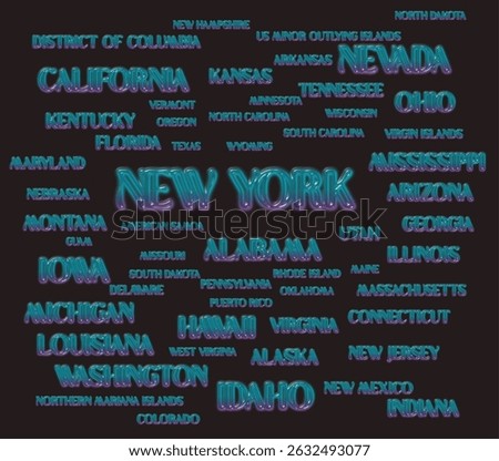 Names of all U.S. states. The United States of America -federal republic of 50 states. USA states. New york, Idaho, Washington, California...