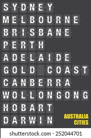 Names of Australian cities on old fashion split-flap display like travel destinations in airport flight information display system and railway stations timetable. Vector illustration.