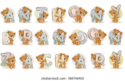 Names for boys Anthony, Brandon, Zachary made decorative letters with teddy bears