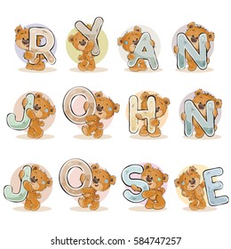 Names for boys Ryan, John, Jose made decorative letters with teddy bears