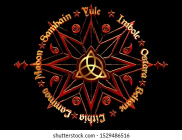 names in Celtic of the Solstices. Book Of Shadows Wheel Of The Year Modern Paganism Wicca. Wiccan calendar and holidays. Compass with in the middle Triquetra symbol from charmed Celtic 