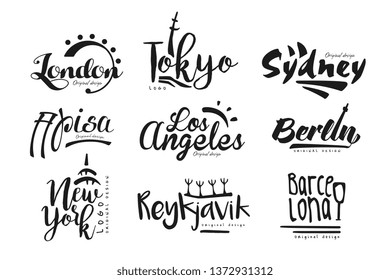 Names of cities, London, Tokyo, Sydney, Pisa, Los Angeles, Berlin, New York, Reykjavik, Barcelona, city lettering design hand drawn vector Illustration