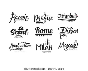 Names of cities, Paris, Prague, Istanbul, Seoul, Rome, Dubai, Amsterdam, Milan, Moscow city lettering design hand drawn vector Illustration isolated on a white background