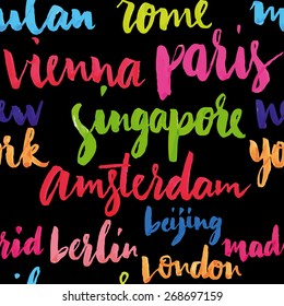 The names of the cities of the world. European cities. Hand lettering. Seamless pattern.