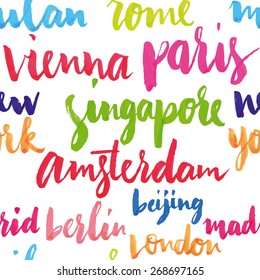 The names of the cities of the world. European cities. Hand lettering. Seamless pattern.