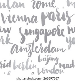 The names of the cities of the world. European cities. Hand lettering. Seamless pattern.