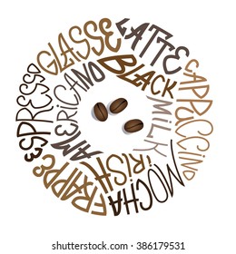 the names of the coffees, decorative written in the form of a circle