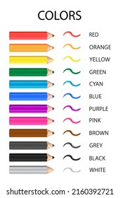 Names of colors in english: white, black, grey, brown, pink, purple, blue, cyan, green, yellow, orange, red.  Vector illustration.