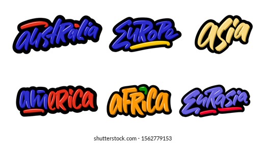 Names of continents set. Hand drawn modern brush lettering. Vector illustration logo text for webpage, print and advertising