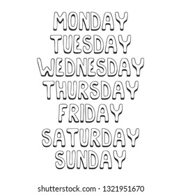 Names of days of the week. Hand-drawn names of days of the week in thick letters on a white background. Vector illustration. 