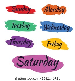 names of the days of the week vector cartoon style and colorful, Sunday Monday Tuesday Wednesday Thursday Friday Saturday. suitable for calendars, graphic elements, etc