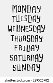 Names of days of the week, vintage grunge typographic, uneven stamp style lettering for your calendar designs