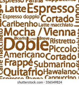 names of the different kinds of coffee on brown background
