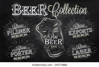 Names of different types of beer, porter, exports, lager, pilsner in retro style drawing with chalk on chalkboard background.