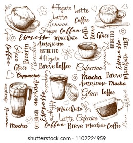 The names of different types of coffee. Different coffee cocktails. Vector illustration of a sketch style.