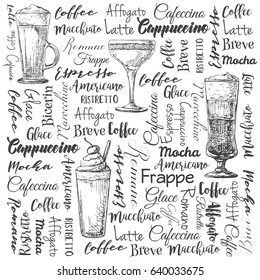 The names of different types of coffee. Different coffee cocktails. Vector illustration of a sketch style.