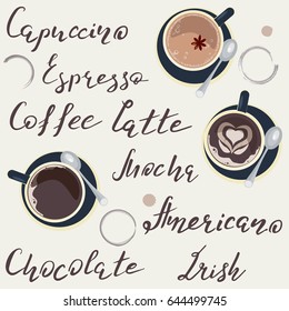 Names of drinks and cups of Coffee top view. Template of banner and poster. Vector illustration eps 10