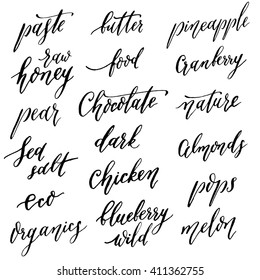 Names of food in the style of hand-lettering vector.Paste, butter, pineapple, raw honey, food, cranberry, pear, chocolate.