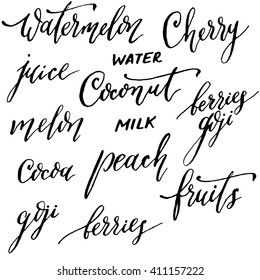 Names of fruits and berries. Hand lettering and calligraphy vector.
Melon, cherries, watermelon, coconut milk, coconut water, goji berry juice, cocoa, peach, fruit, berries.