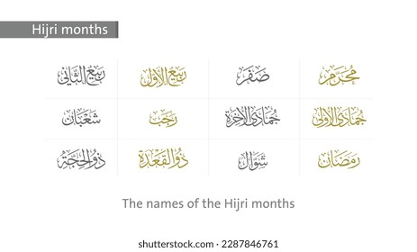 The names of the Hijri months, Muharram, Safar, Rabi al-awwal, Rabi al-Thani, Jumada al-awwal, Jumada al-Thani, Rajab, Sha`ban, Ramadan, Shawwal, Dhul Qa'dah, Dhul Hijjah