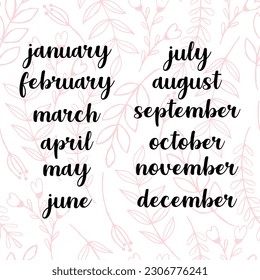 Names of months for calendar or notes book with cute lettering
