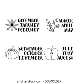 Names of months on white background. Hand drawn font. Design element for calendar, postcard, greeting card. 