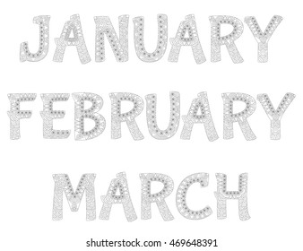 Names of months in the year. January,february,march. Collection 1/4 .Zentangle style. Antistress coloring book. Vector illustration.