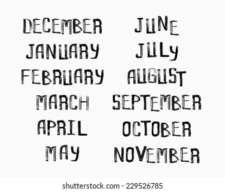 Names of months of the year, vintage grunge typographic, uneven stamp style lettering for your calendar designs